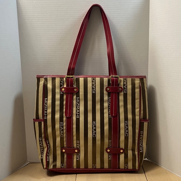 ISAAC MIZRAHI for TARGET Brown & Tan Striped Logo Tote w/ Faux Red Leather Trim - Picture 13 of 13